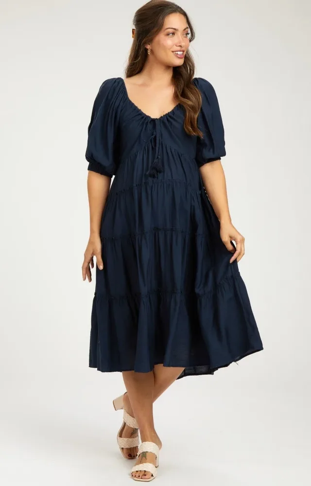 Navy Tiered Maternity Midi Dress