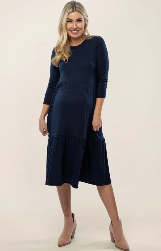 Navy Tiered Ribbed 3/4 Sleeve Maternity Midi Dress