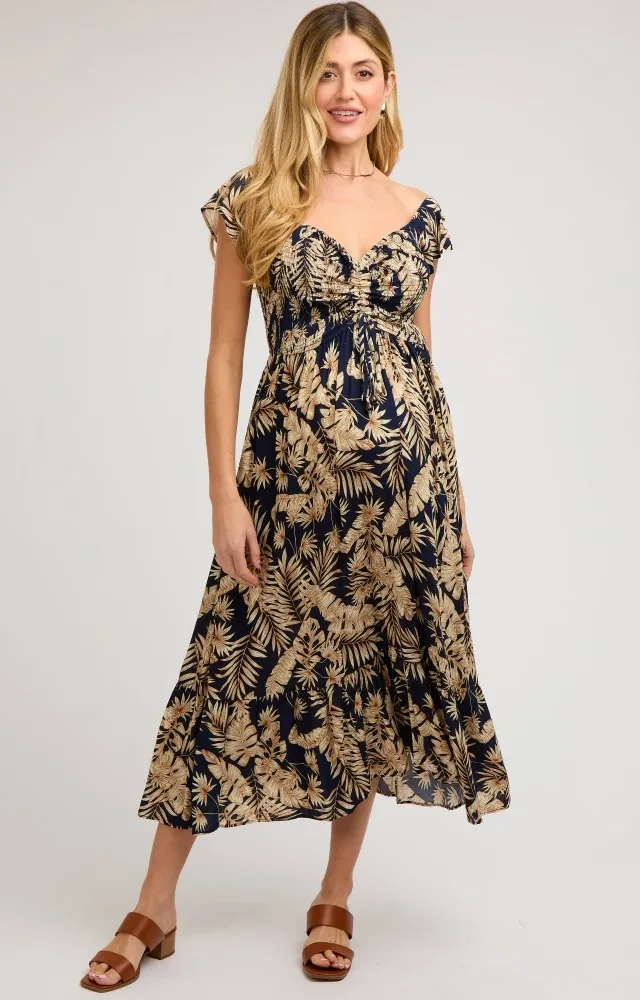 Navy Tropical Print Smocked Short Sleeve Maternity Maxi Dress