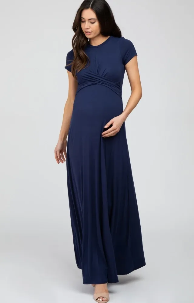 Navy Twist Front Maternity Maxi Dress