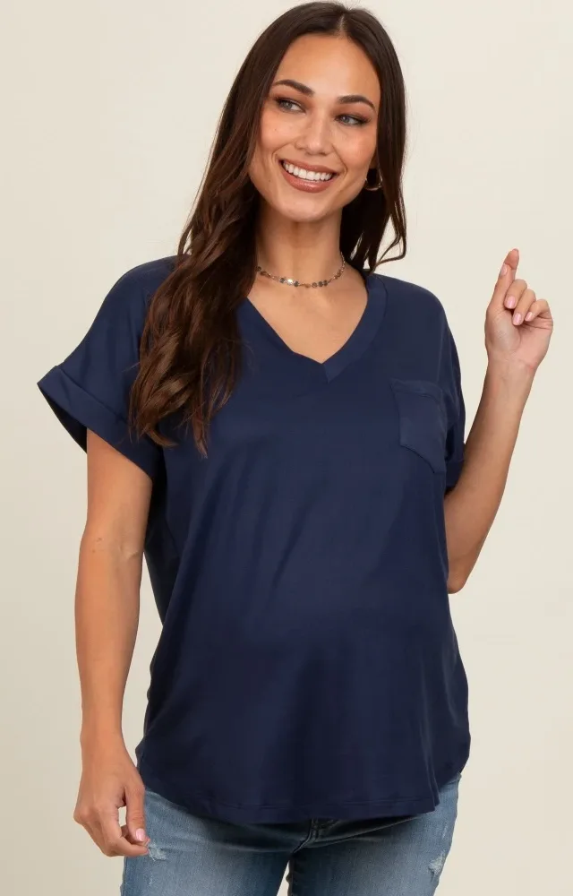 Navy V-Neck Pocket Short Sleeve Maternity Shirt