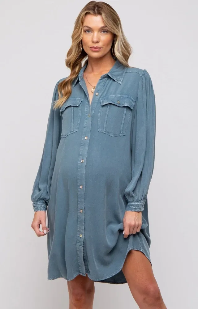 Navy Vintage Wash Maternity Shirt Dress