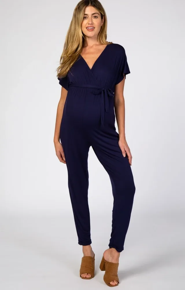 Navy Wrap Tie Maternity Jumpsuit