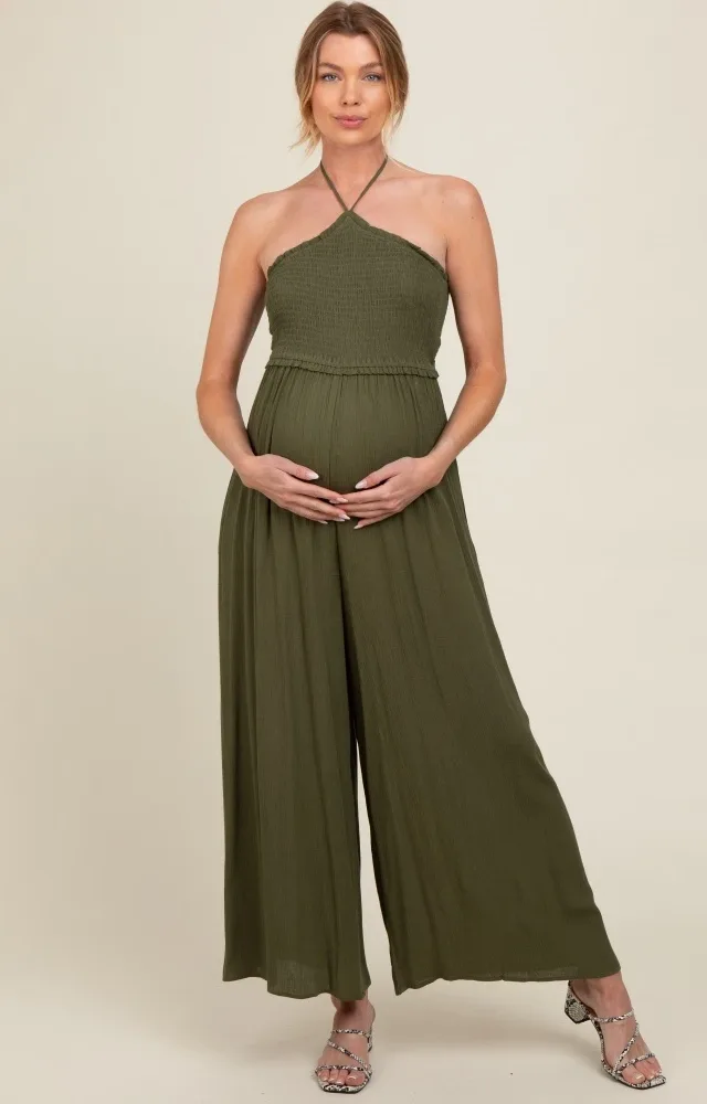 Olive Back Cutout Smocked Halter Wide Leg Maternity Jumpsuit