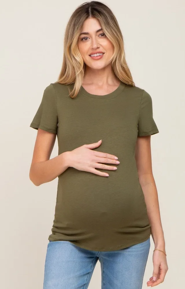 Olive Basic Crew Neck Maternity Tee