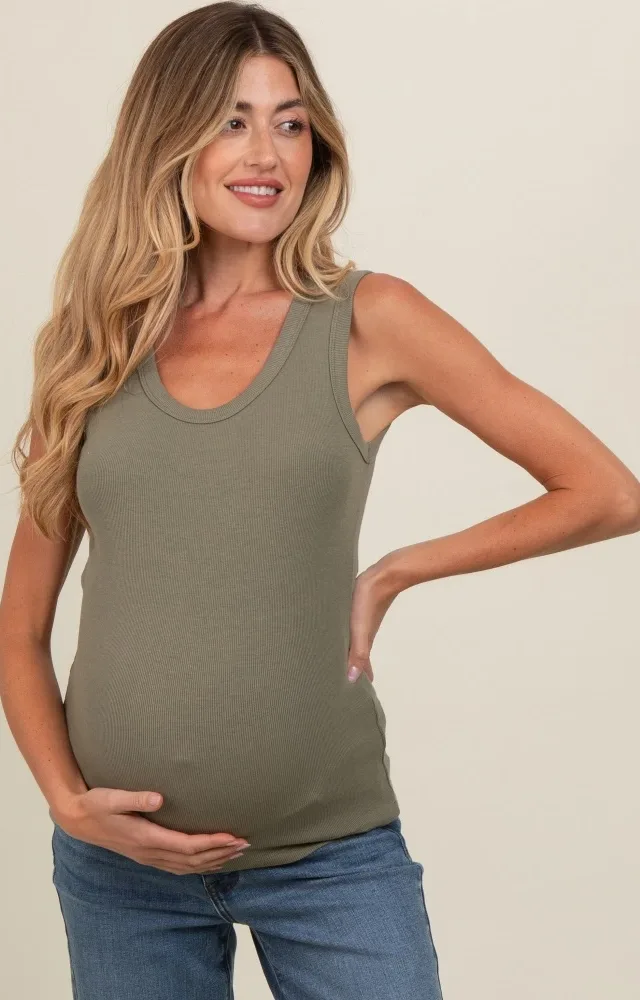 Olive Basic Ribbed Knit Maternity Tank