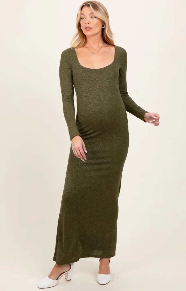 Olive Basic Square Neck Long Sleeve Maternity Maxi Dress