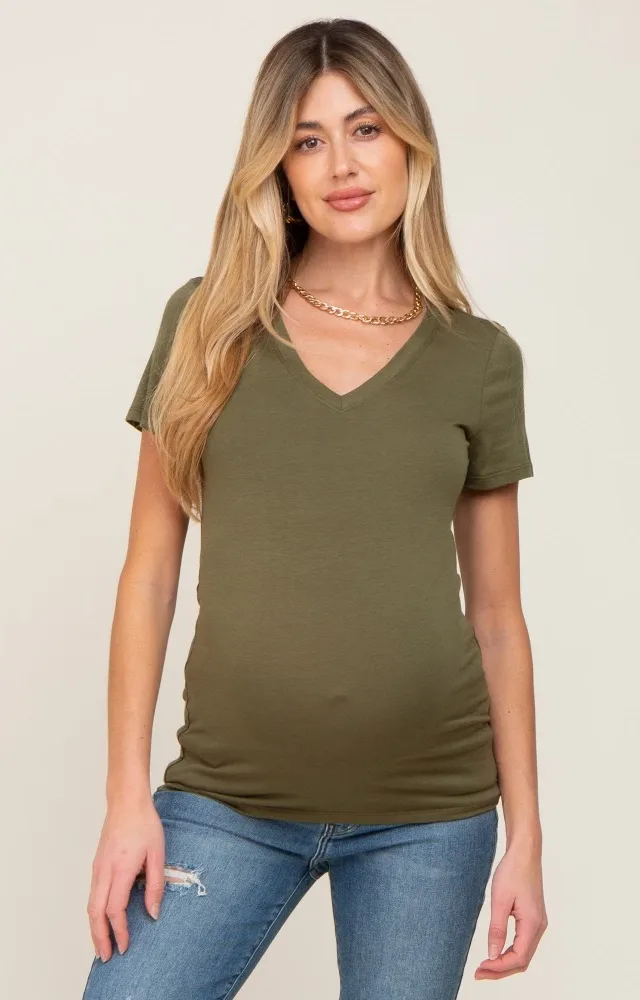 Olive Basic V-Neck Maternity Tee