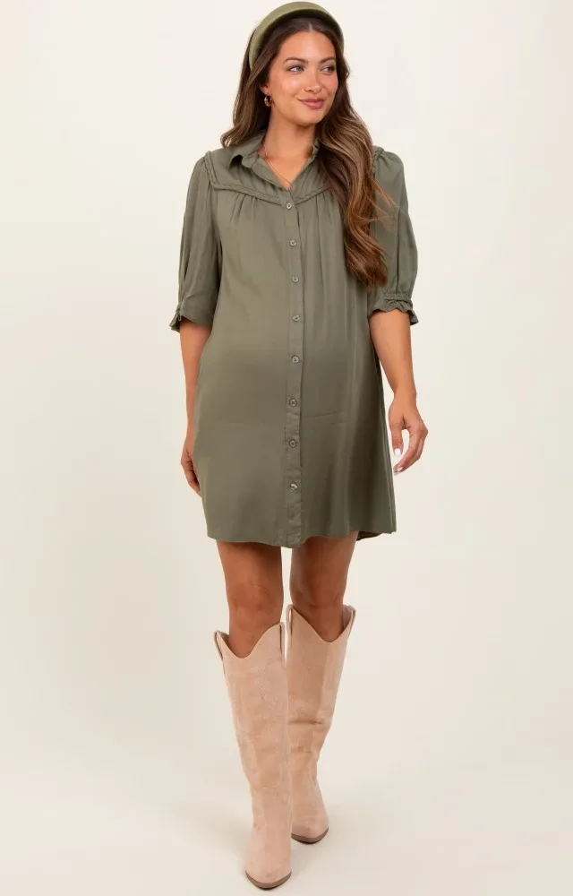 Olive Braided Trim Detail Button Down Maternity Dress