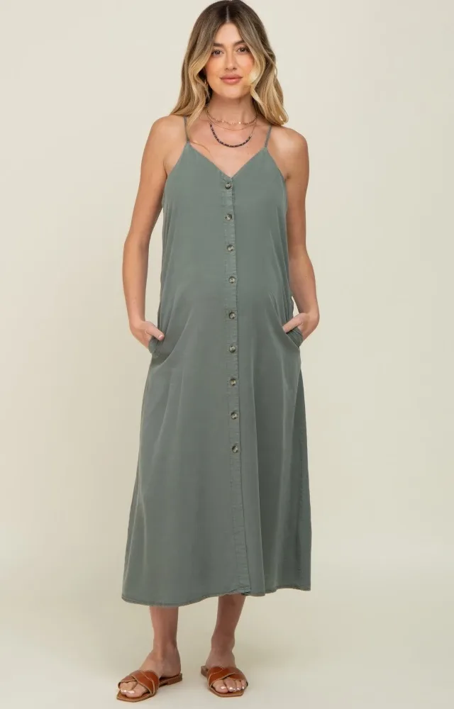 Olive Button Down Maternity Midi Tank Dress