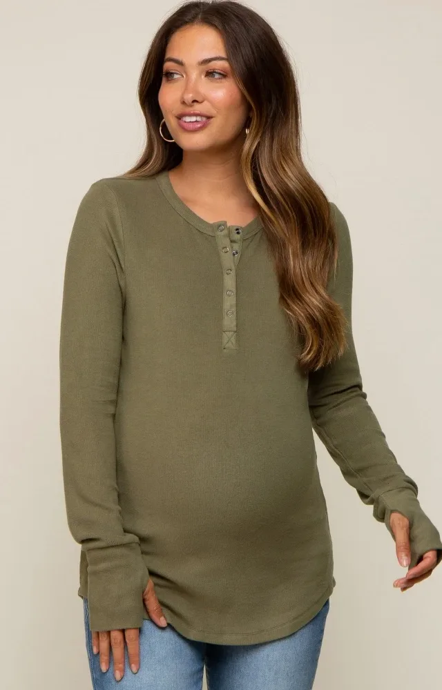 Olive Button Front Soft Knit Long Sleeve Henley Maternity Top