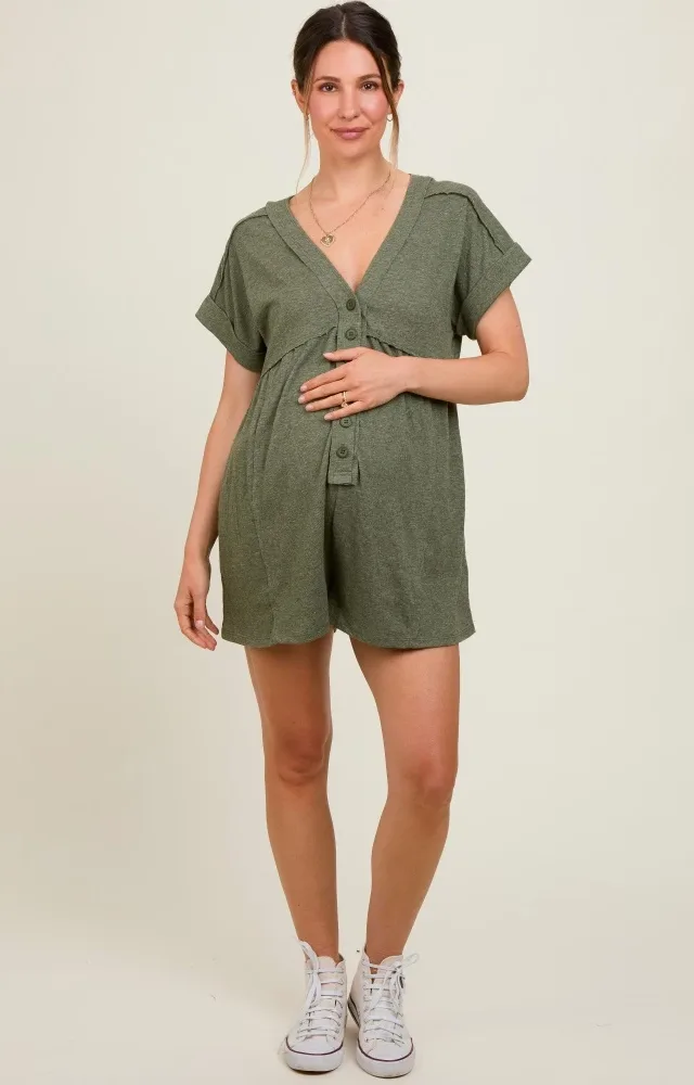 Olive Button Up Raw Hem Maternity Romper