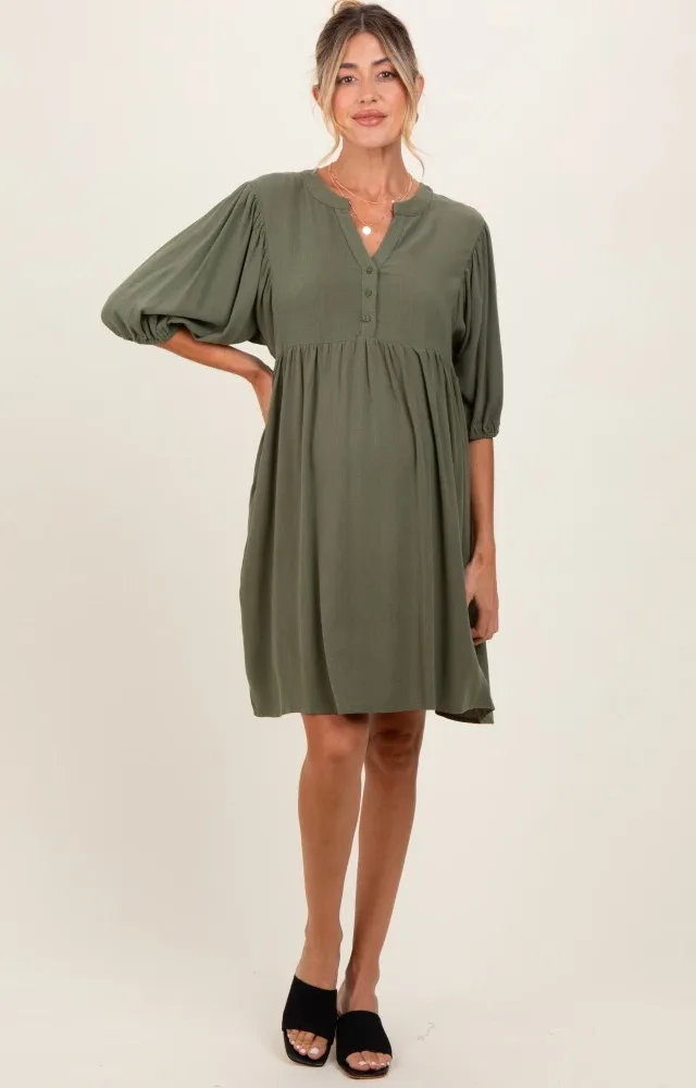 Olive Button Up Split Neck Maternity Dress