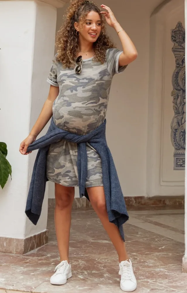 Olive Camo Cuff Sleeve Maternity Dress