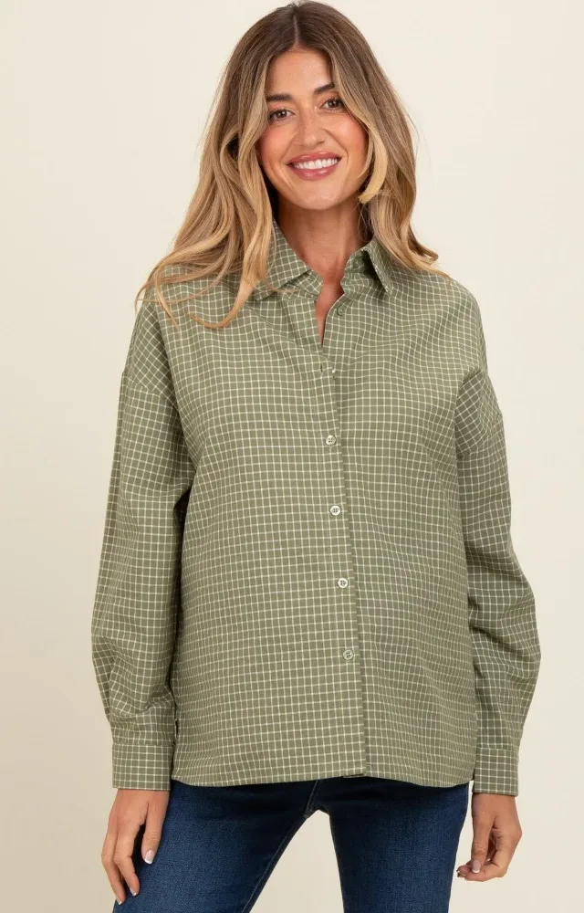 Olive Checker Plaid Button Down Maternity Shirt