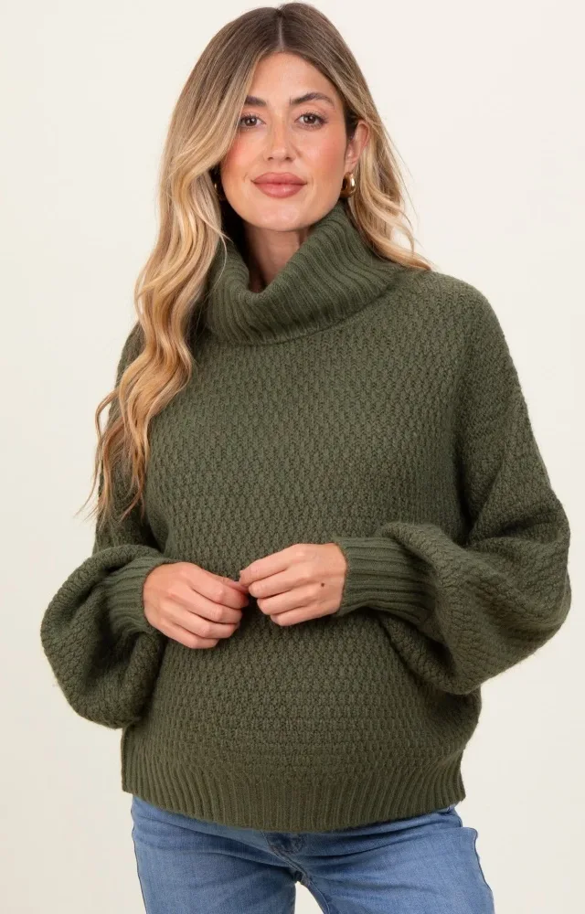 Olive Chunky Knit Turtleneck Maternity Sweater