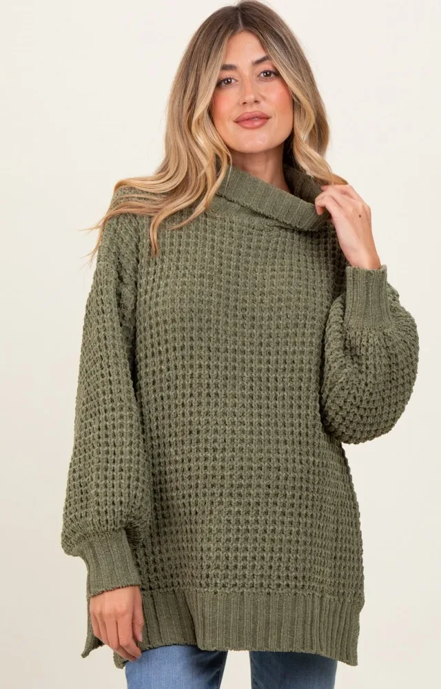 Olive Chunky Waffle Knit Maternity Turtleneck Sweater