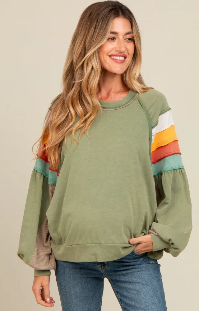 Olive Colorblock Bubble Sleeve Maternity Pullover