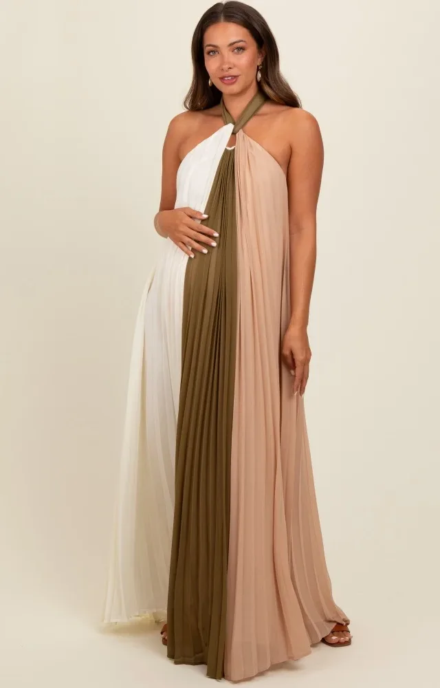 Olive Colorblock Pleated Halter Neck Maternity Maxi Dress