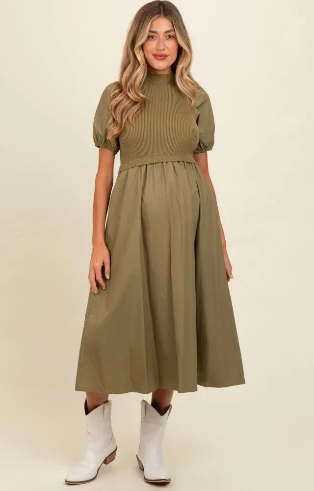 Olive Contrast Knit Bodice Maternity Midi Dress