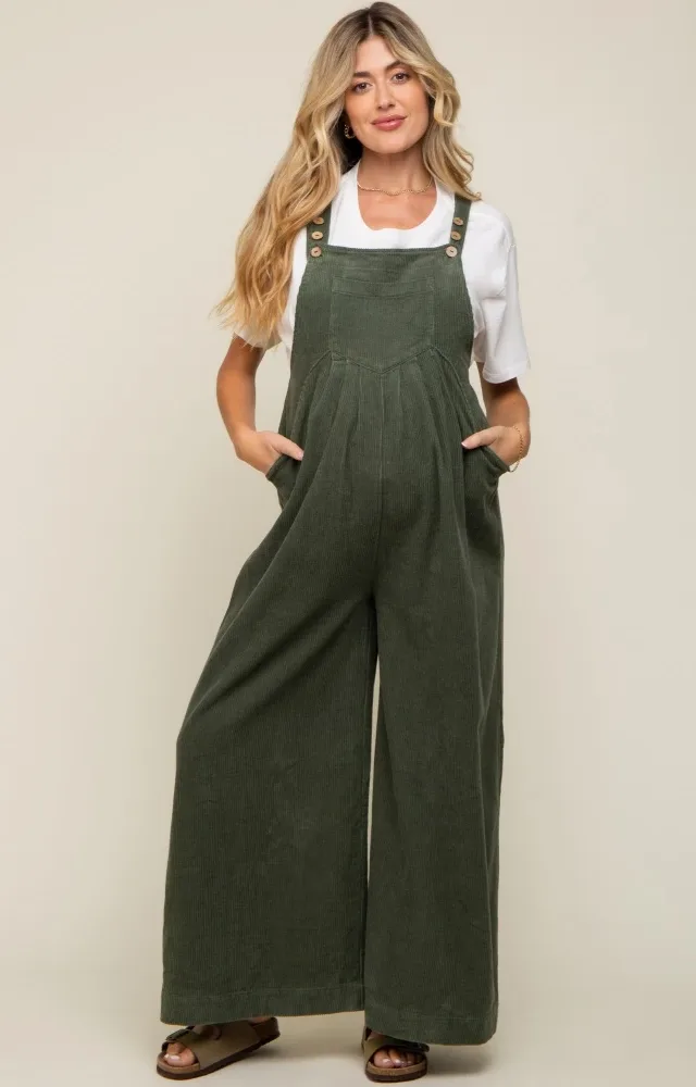 Olive Corduroy Front Pleated Wide Leg Maternity Overalls