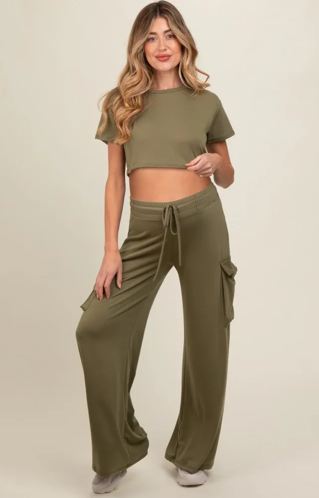 Olive Crop Top Cargo Pant Maternity Set