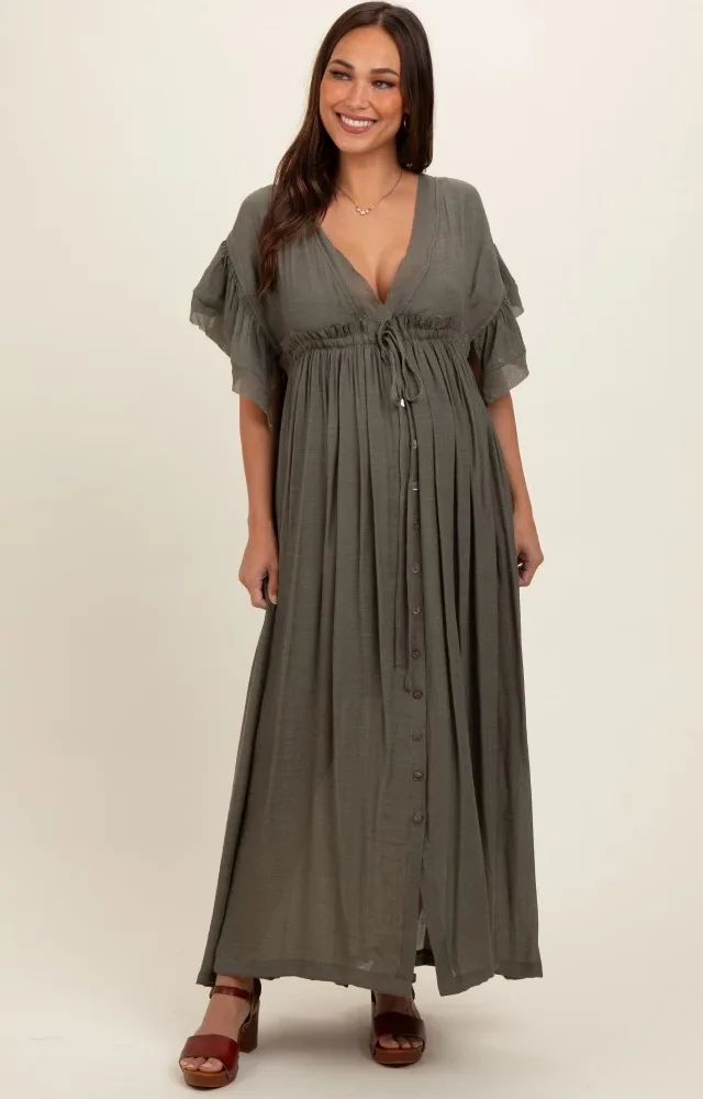 Olive Deep V-Neck Button Down Maternity Maxi Dress