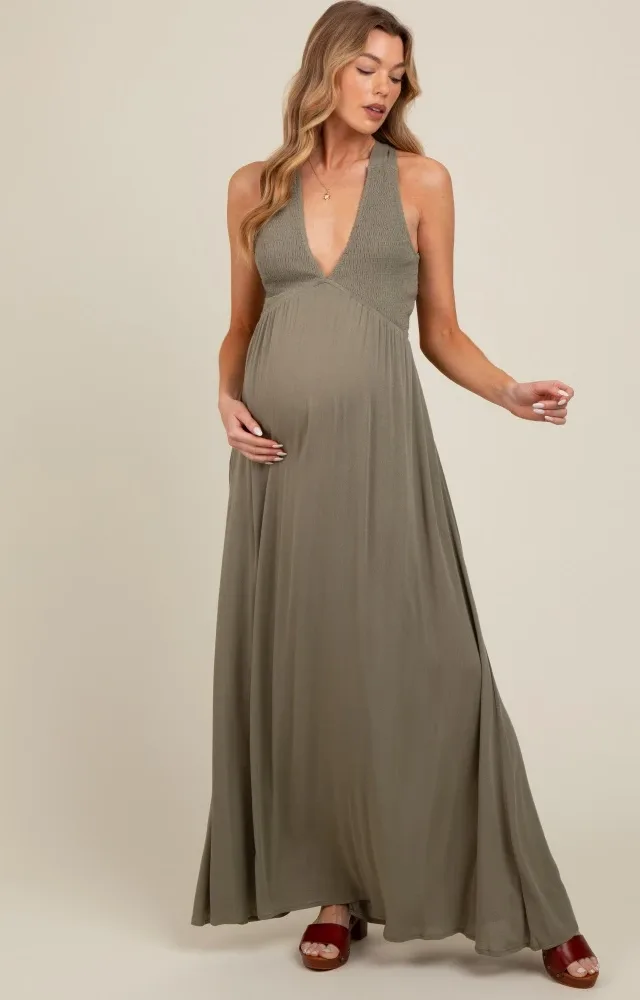 Olive Deep V-Neck Cross Back Maternity Maxi Dress