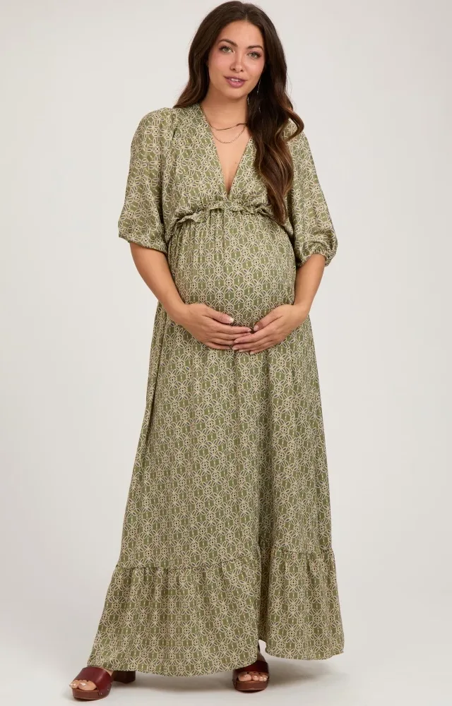 Olive Deep V-Neck Short Puff Sleeve Ruffle Maternity Maxi Dress