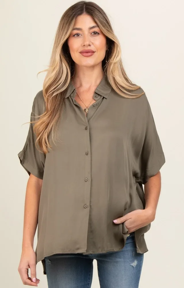 Olive Dolman Sleeve Button Down Maternity Blouse