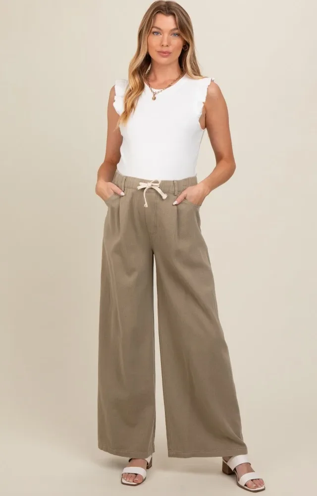 Olive Drawstring Wide Leg Maternity Pants