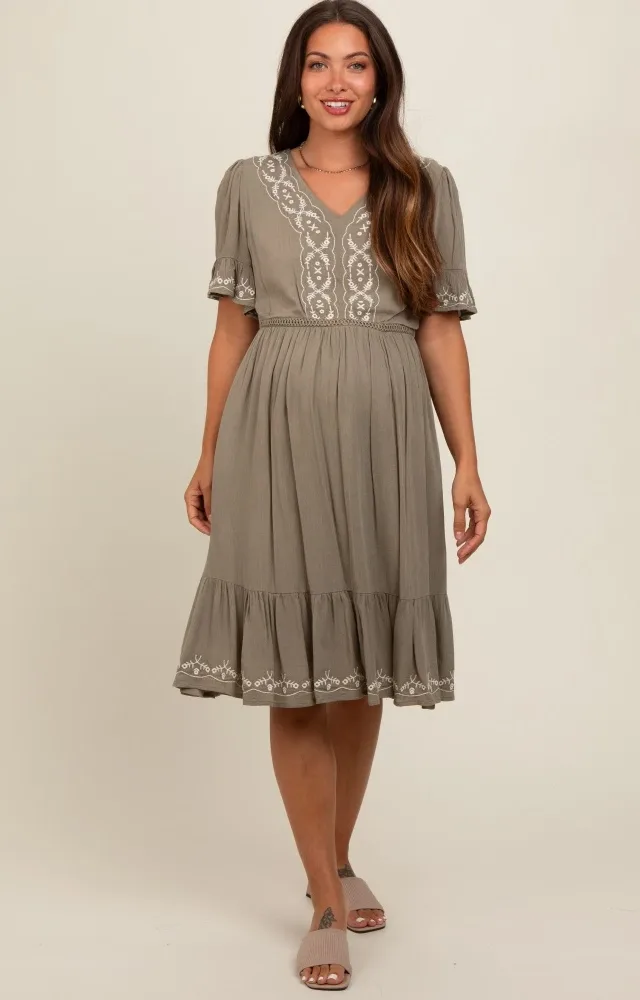 Olive Embroidered Maternity Midi Dress