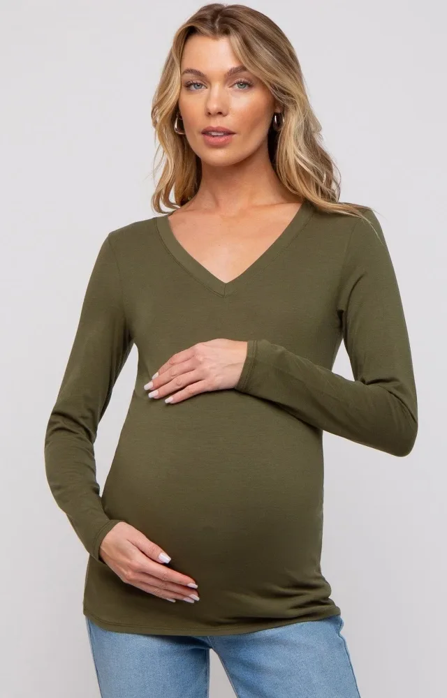 Olive Fitted Long Sleeve Maternity Top