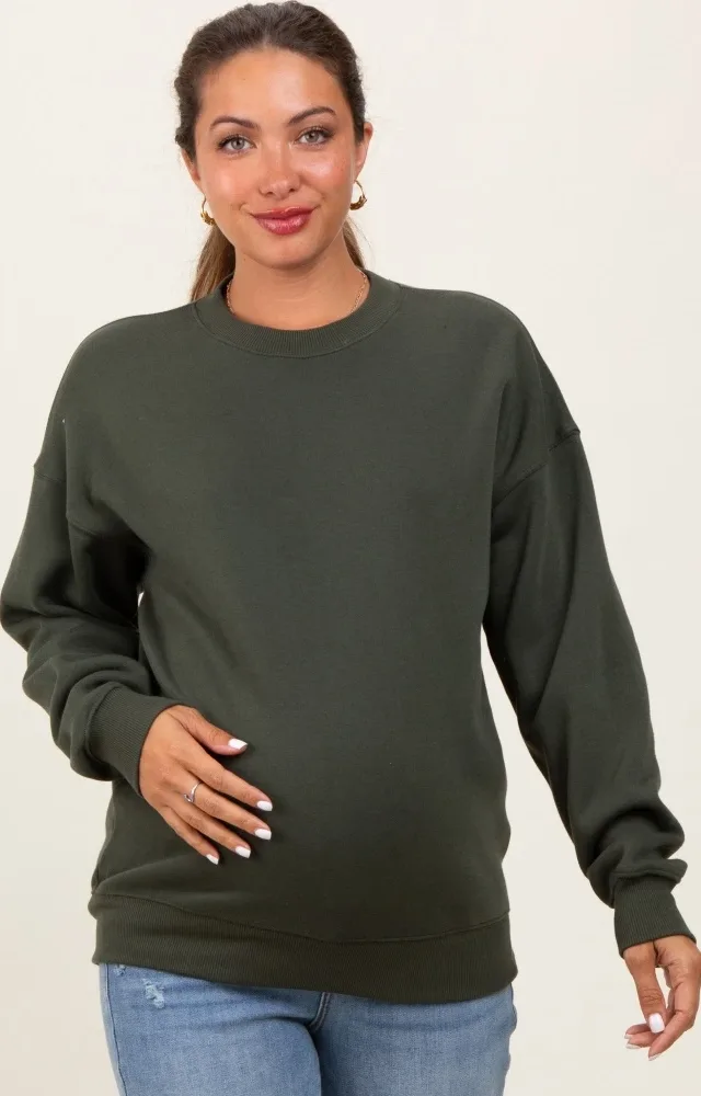 Olive Fleece Crew Neck Relaxed Fit Maternity Sweatshirt