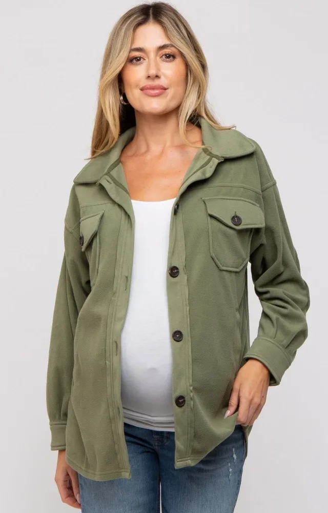 Olive Fleece Double Front Pocket Maternity Jacket