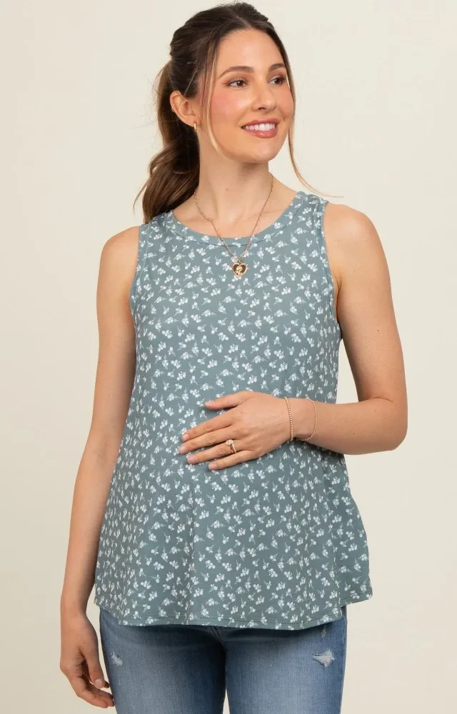 Olive Floral Basic Sleeveless Maternity Top