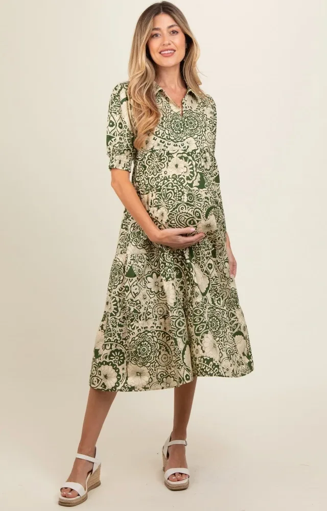 Olive Floral Collared Tiered Maternity Midi Dress