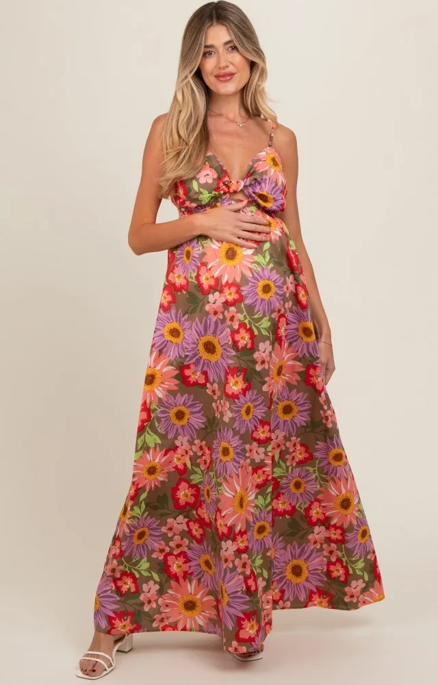 Olive Floral Cutout V-Neck Maternity Maxi Dress