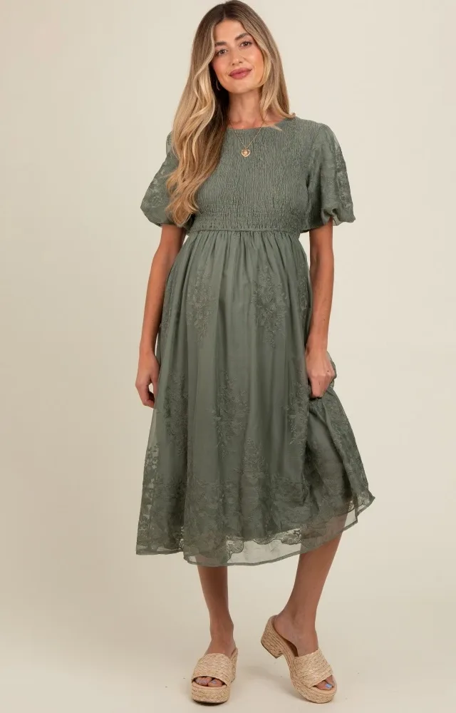 Olive Floral Lace Smocked Maternity Midi Dress