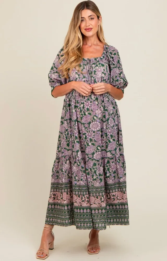 Olive Floral Paisley Cinched Neckline Maternity Maxi Dress