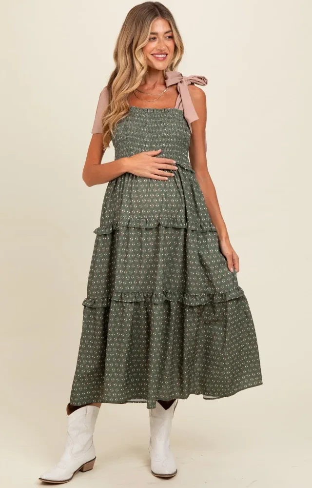 Olive Floral Print Contrast Shoulder Tie Tiered Maternity Midi Dress