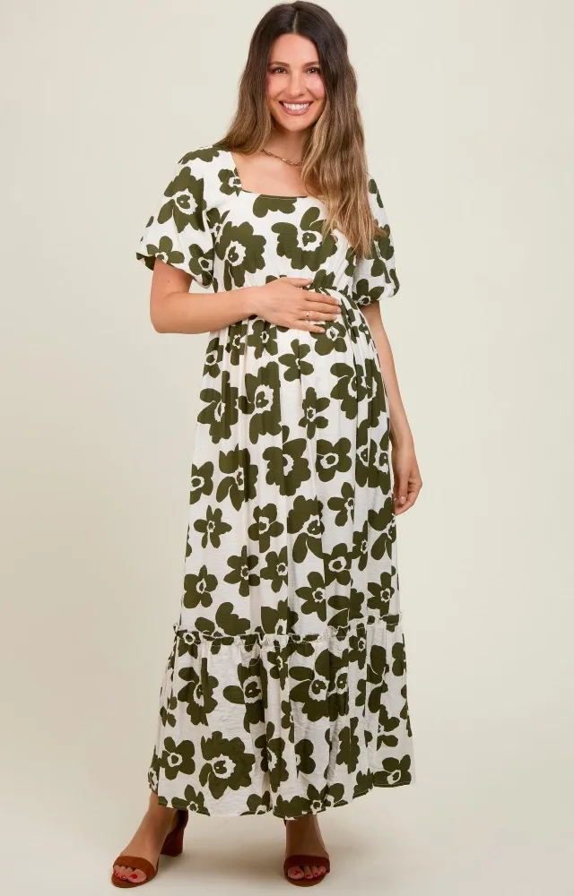 Olive Floral Puff Sleeve Maternity Maxi Dress