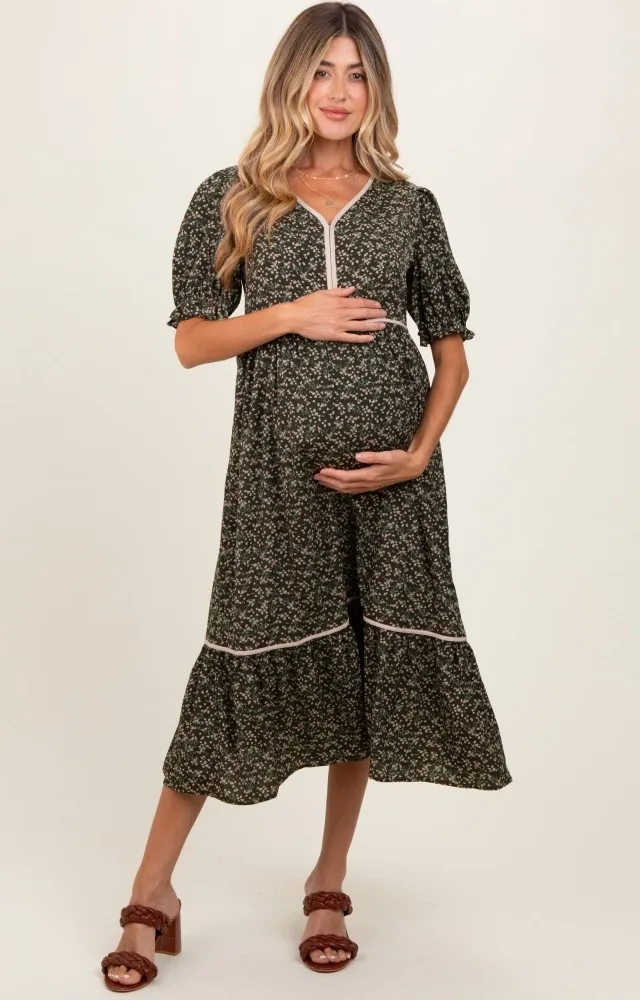 Olive Floral Puff Sleeve Ruffle Hem Maternity Midi Dress