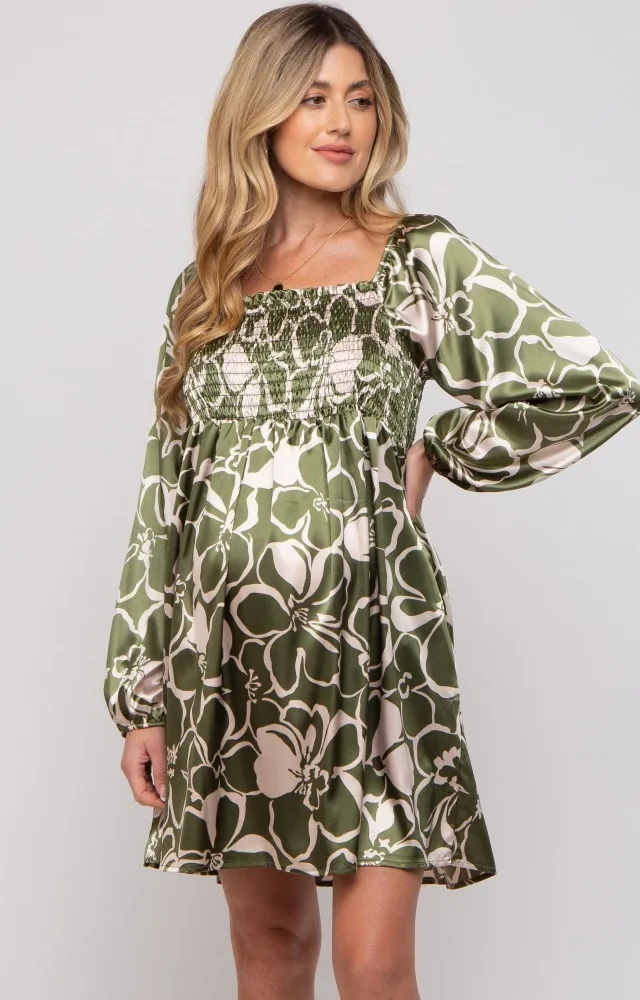 Olive Floral Satin Long Sleeve Maternity Dress