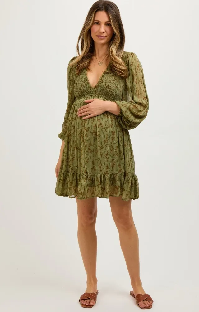 Olive Floral Smocked Long Sleeve Maternity Dress