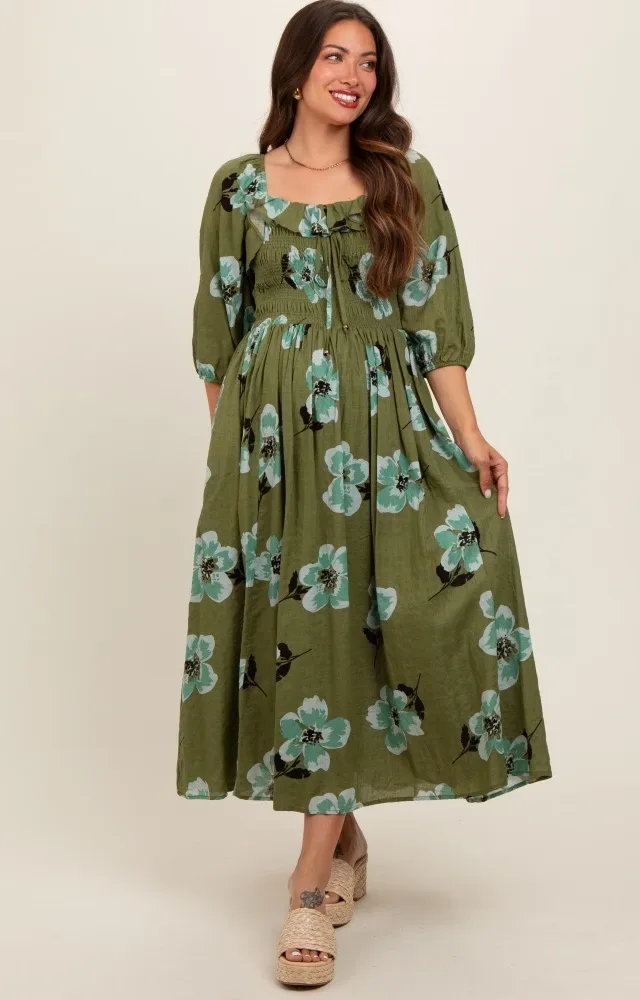 Olive Floral Smocked Maternity Midi Dress