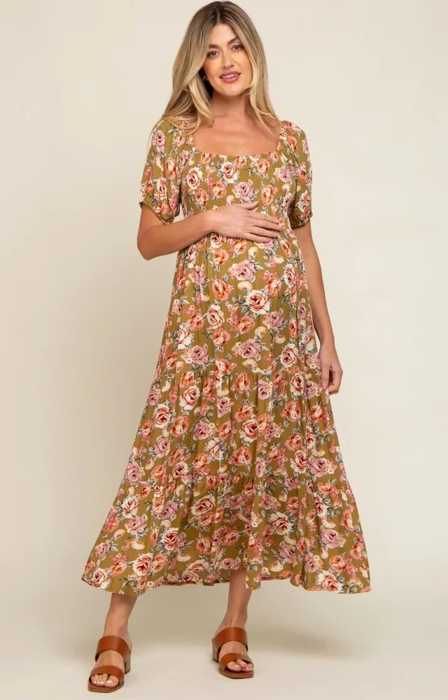 Olive Floral Smocked Square Neck Tiered Maternity Maxi Dress