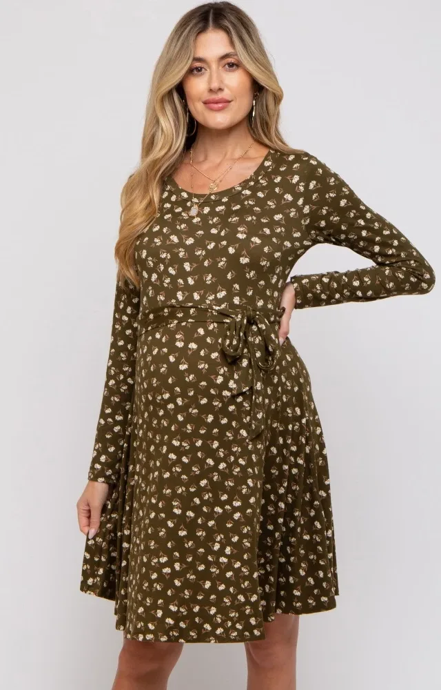 Olive Floral Soft Knit Long Sleeve Maternity Dress