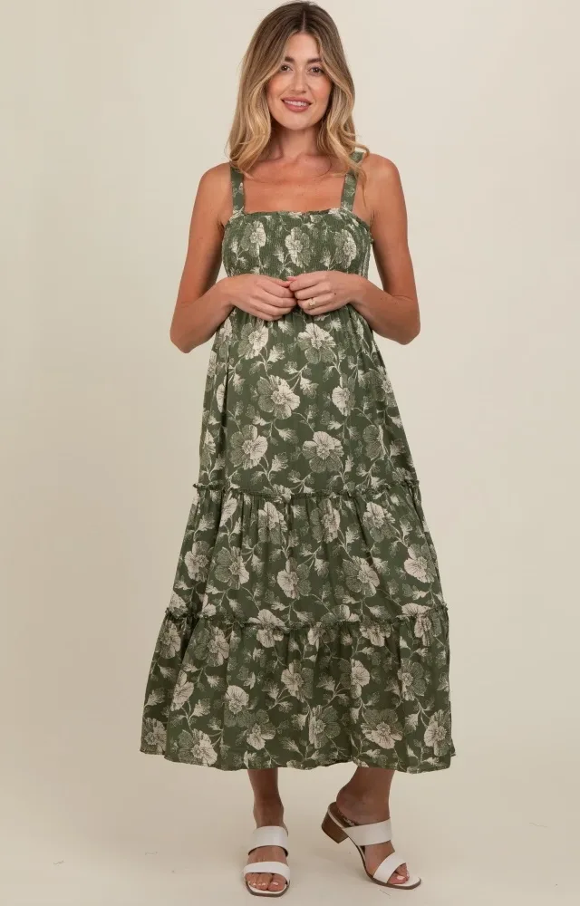 Olive Floral Square Neck Smocked Maternity Midi Dress