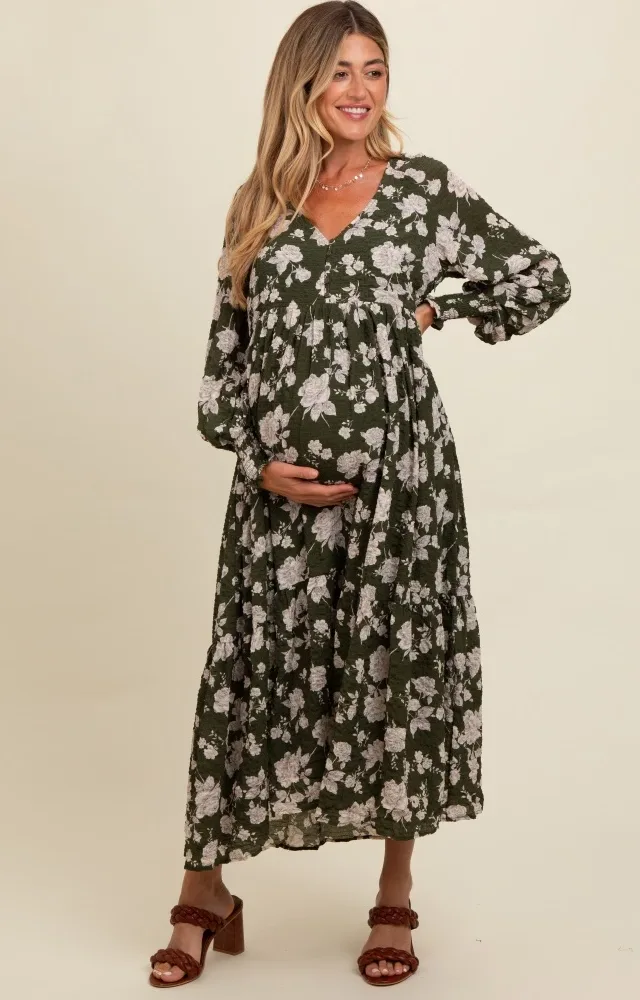 Olive Floral Textured Bubble Sleeve Maternity Maxi Dress